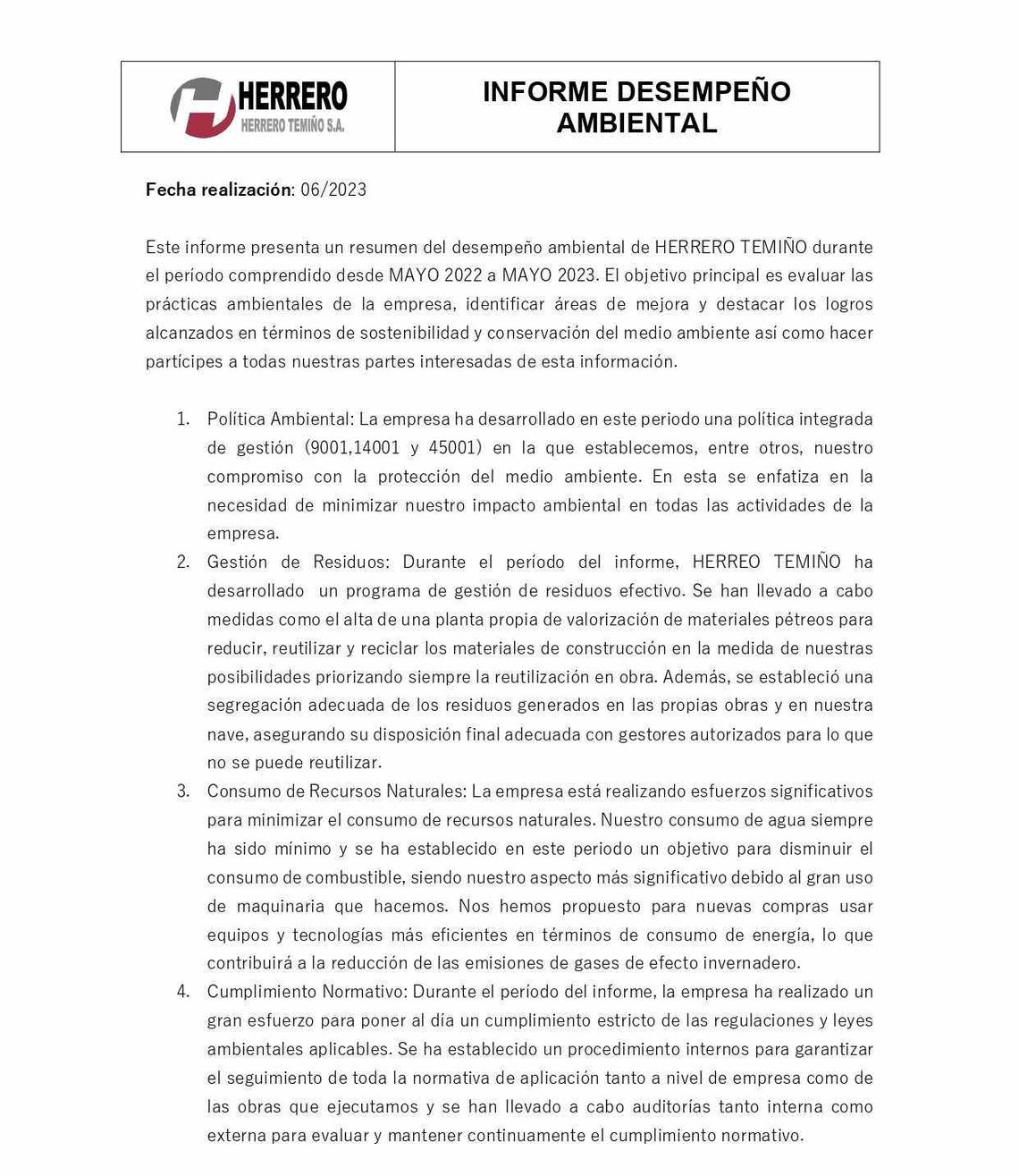 Informe desempeño ambiental