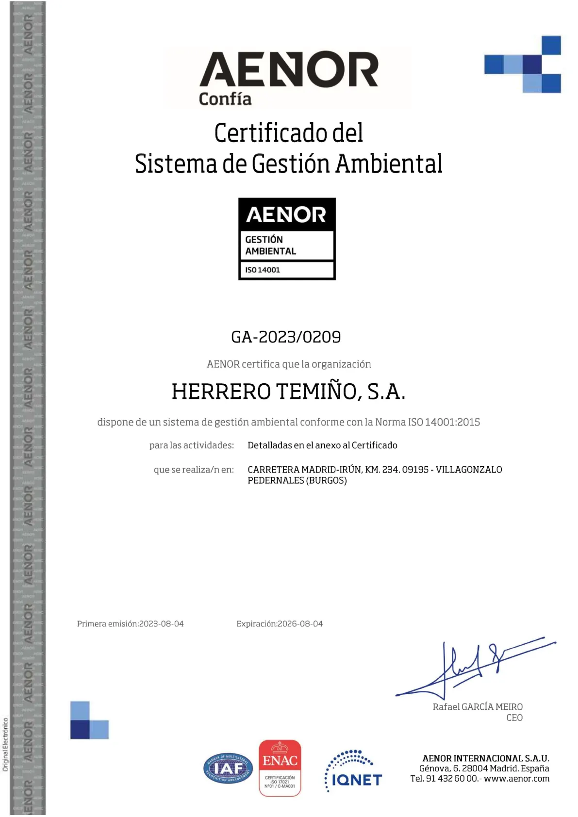 certificado del sistema de gestión ambiental